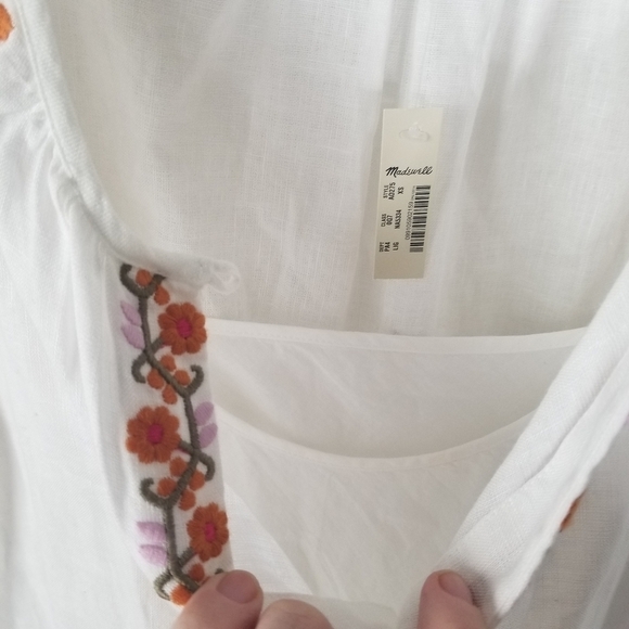 NWT Madewell White Embroidered Linen-Blend Raglan Ruffle Mini Dress XS Boho 70's - Picture 10 of 16